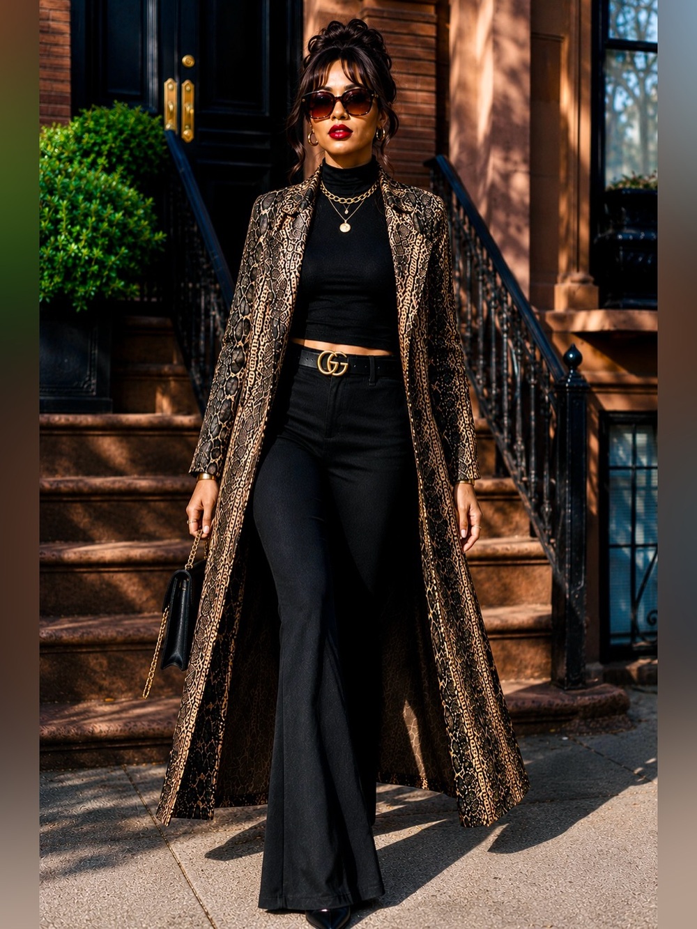 Shinestar Faux Snakeskin Animal Print Long Duster Coat Belted XL - Picture 3 of 13